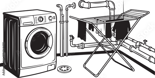 Laundry room setup with washing machine and drying rack
