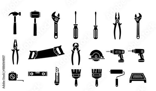 Minimal tools outline icon set for repair, construction, and DIY UI