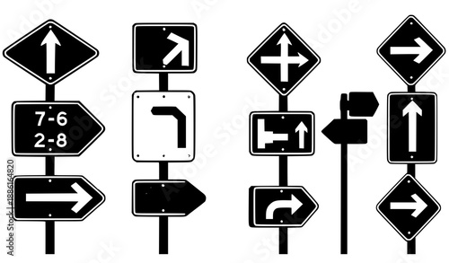 Road barrier silhouette icon collection with roadblock and warning symbols vector