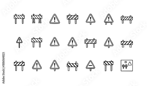 Minimal road barrier outline icon set for construction and traffic safety UI