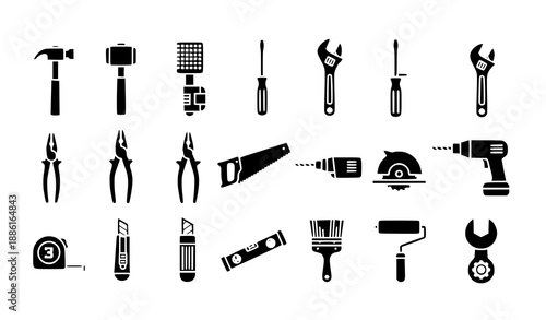 Tools icon set with hammers, screwdrivers, wrenches, and working instruments vector