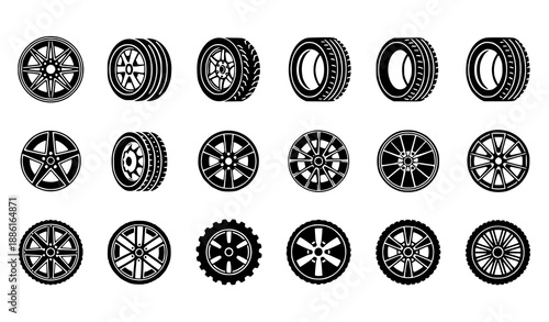 Car wheel and tire icon set with rims and auto wheel symbols vector