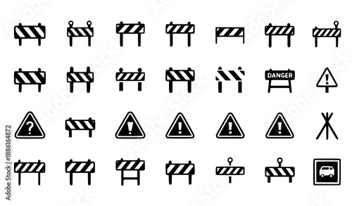 Road barrier icon set with roadblock and danger symbols vector