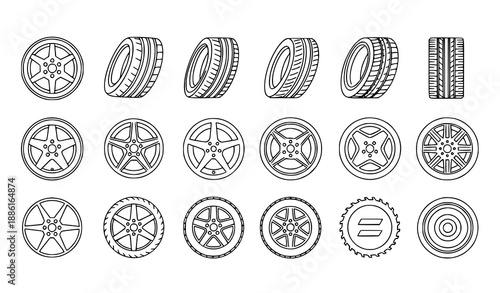 Minimal car wheel and tire outline icon set for automotive and vehicle UI