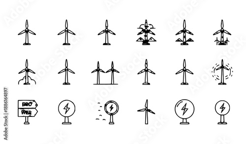 Minimal wind energy outline icon set for renewable electricity and eco power UI