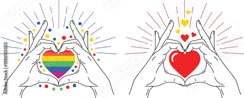 Hands forming heart shape with rainbow pride heart and red love heart illustration, diversity inclusion concept, hand drawn line art