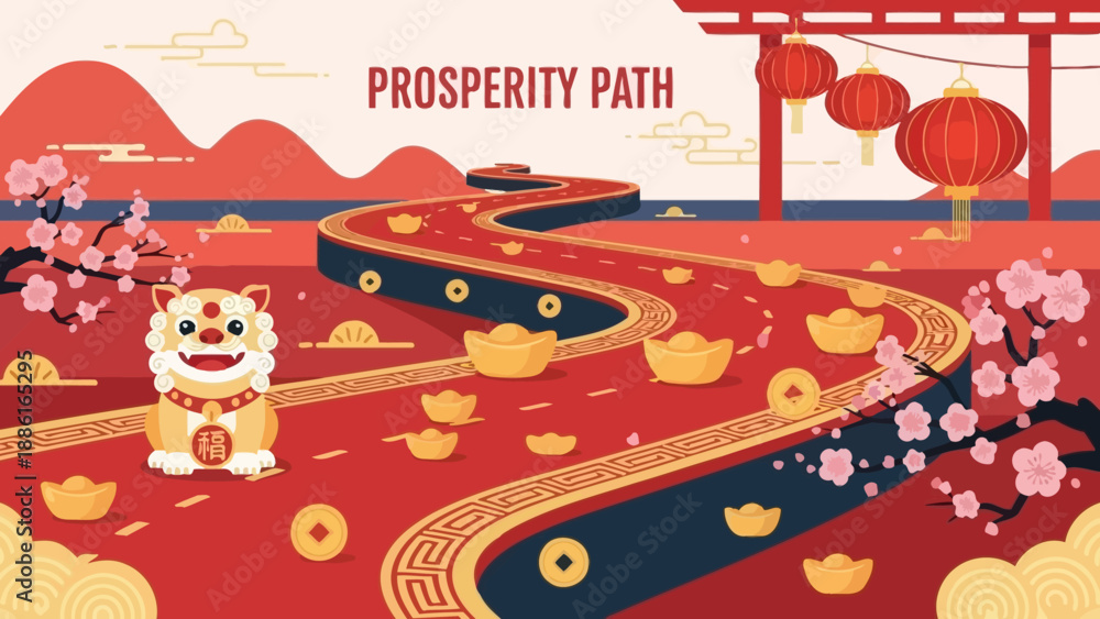 Obraz premium A vibrant Chinese New Year illustration depicting a prosperity path adorned with gold ingots and coins, leading towards a traditional building with lanterns, featuring a festive lion.