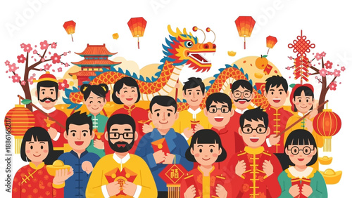 A vibrant illustration of a diverse group of people celebrating Chinese New Year with a dragon, lanterns, and traditional decorations.