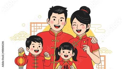 A cheerful Chinese family dressed in traditional red clothing, celebrating a festive occasion with smiles and holding cultural symbols.