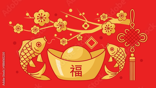 Traditional Chinese New Year decoration featuring golden koi fish, a gold ingot with Chinese calligraphy, and blooming plum blossoms on a red background.