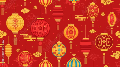 A vibrant red background adorned with a festive pattern of traditional Chinese lanterns and auspicious clouds, celebrating cultural heritage.