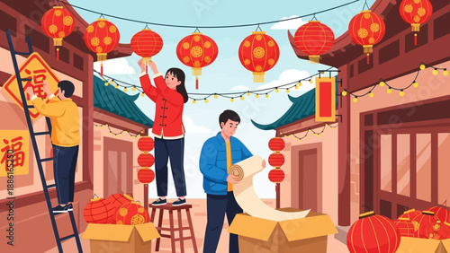 People decorating a street with red lanterns and Chinese calligraphy for a festive celebration, likely Lunar New Year.