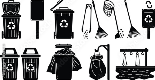 Recycling and waste management icons in black and white illustration