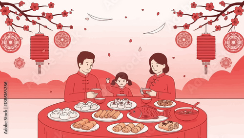 A happy family enjoys a festive Chinese New Year's Eve dinner, complete with traditional dishes and decorations, celebrating together.