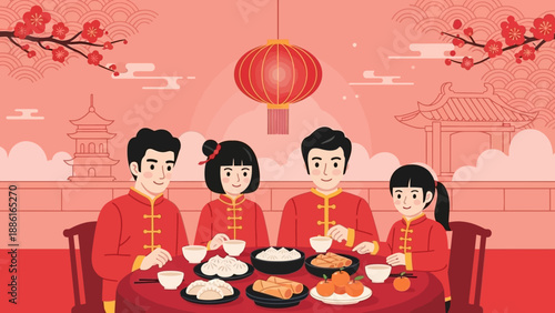 A happy Chinese family in traditional red clothing enjoys a festive meal together, celebrating Chinese New Year with delicious food and warm smiles.