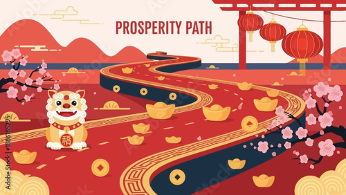 A vibrant Chinese New Year illustration depicting a prosperity path adorned with gold ingots and coins, leading towards a traditional building with lanterns, featuring a festive lion.