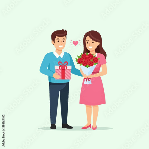 A man giving a wrapped gift to a smiling woman holding a bouquet of red roses, with a heart icon above them, illustrating a romantic gesture.