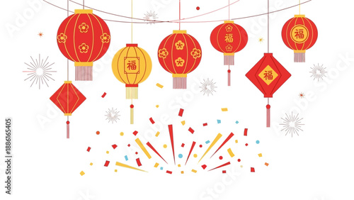 A festive collection of traditional Chinese lanterns and firecrackers, symbolizing celebration and good fortune.