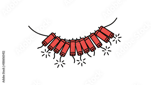 A string of red firecrackers tied together with fuses, ready to be lit for a celebration.