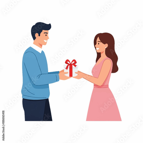 A smiling man in a blue sweater giving a white gift box with a red ribbon to a smiling woman in a pink dress.