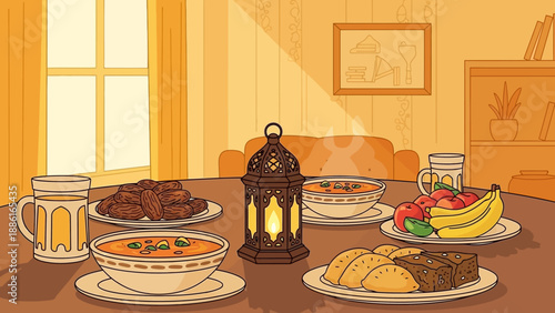 A warm and inviting Ramadan Iftar table laden with delicious food and drinks, illuminated by a traditional lantern.