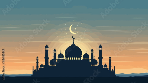 Silhouette of a grand mosque with minarets and a dome, illuminated by a setting sun and adorned with a crescent moon and star.
