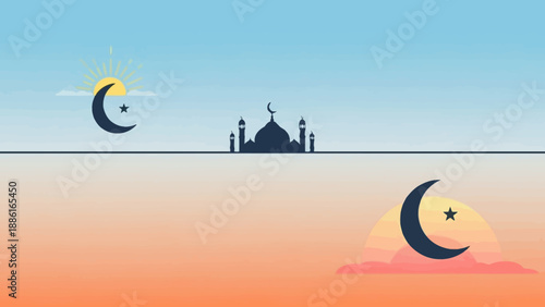 Islamic crescent moon symbols and a mosque silhouette under a gradient sky, representing day and night.
