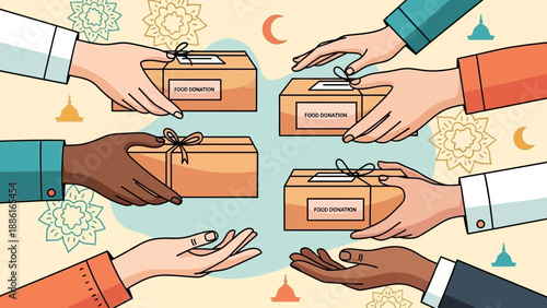 Hands exchanging food donation boxes, symbolizing charity and community support during festive seasons.
