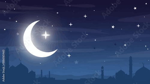 A beautiful crescent moon shines brightly in a starry night sky above silhouetted mosques and minarets, evoking a sense of peace and spiritual reflection.