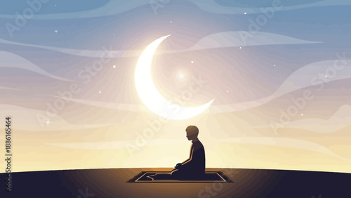 A person kneels in prayer on a mat facing a glowing crescent moon in a serene twilight sky.