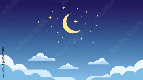 A serene night sky with a crescent moon, twinkling stars, and fluffy white clouds drifting by.