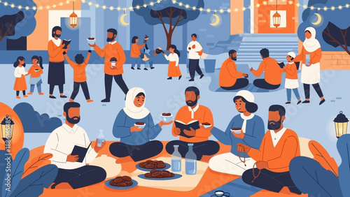 A diverse group of Muslim families and friends gather outdoors for a celebratory Iftar meal during Ramadan, sharing food and conversation under festive lights.