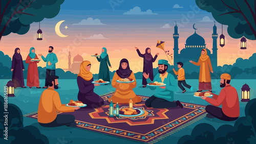 A diverse group of people enjoying a communal meal outdoors under a crescent moon and mosque silhouette at dusk.