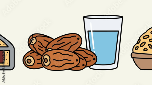 A collection of food items including dates, a glass of water, and grains, likely representing Iftar during Ramadan.