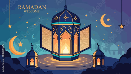 Ramadan Welcome: A beautiful Islamic illustration featuring a large, ornate lantern with glowing light, surrounded by crescent moons, stars, and traditional mosque silhouettes under a twilight sky.