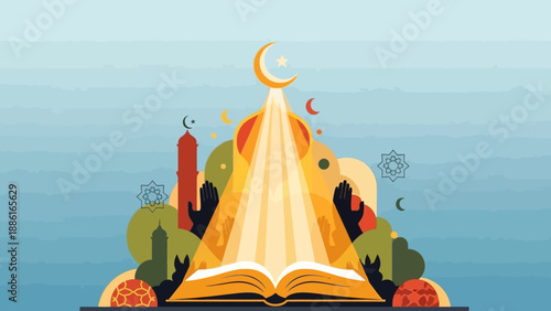 An open book with a crescent moon and Islamic symbols radiating light, symbolizing Islamic knowledge and faith.
