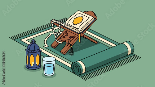An Islamic prayer mat with a Quran on a stand, prayer beads, a glass of water, and a lantern, symbolizing Ramadan and Islamic devotion.