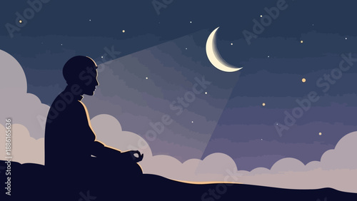 Silhouette of a person meditating under a crescent moon and starry night sky, surrounded by clouds.