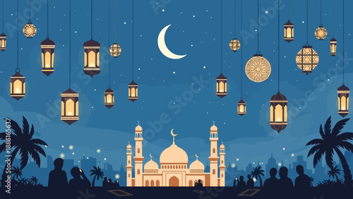 A beautiful Islamic mosque illuminated by hanging lanterns under a starry night sky with a crescent moon.