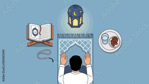 A person prays on a prayer mat with a Quran, prayer beads, a lantern, and dates with water nearby, symbolizing Islamic devotion and Ramadan.