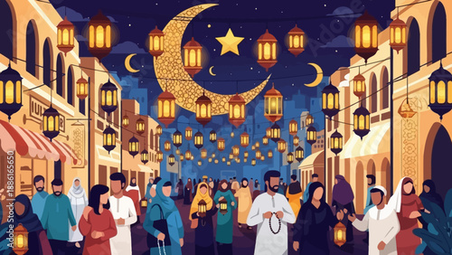 A vibrant street scene at night, illuminated by numerous lanterns and a large crescent moon, with a crowd of people celebrating a cultural or religious festival.