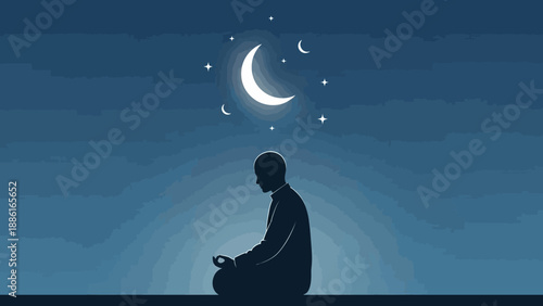 A silhouette of a person meditating under a crescent moon and stars in a dark blue night sky.