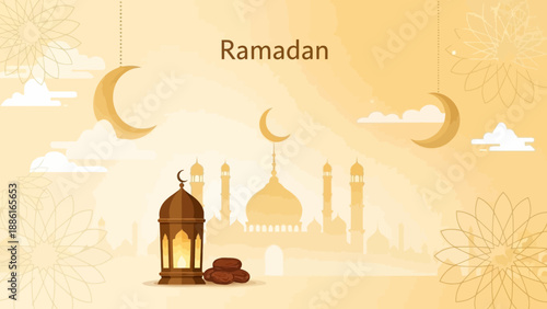 A Ramadan greeting card featuring a traditional lantern, dates, crescent moons, and a mosque silhouette against a soft yellow background with floral patterns.
