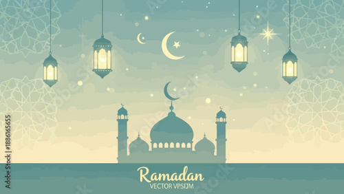 A serene Ramadan night scene featuring a mosque silhouette, crescent moon, stars, and hanging lanterns.
