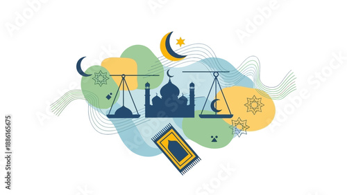Islamic symbols of faith, prayer rug, and scales of justice arranged abstractly with organic shapes and wavy lines.