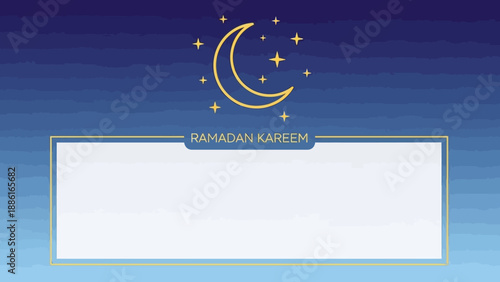 A Ramadan Kareem greeting card featuring a crescent moon and stars on a gradient blue background with a white text box.