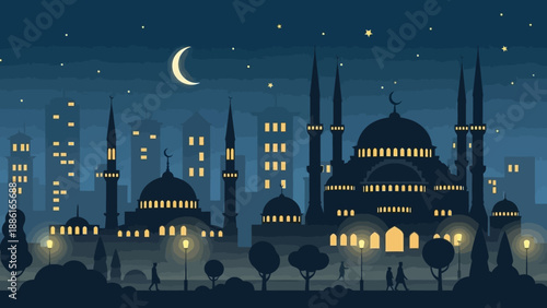 A serene night view of a city skyline featuring illuminated mosques and crescent moon in the starry sky.