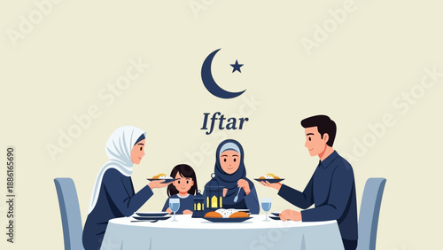 A Muslim family joyfully gathers around a table to break their fast during Iftar, sharing a meal under a crescent moon and star symbol.