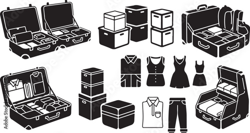 Packing and unpacking luggage with clothing and boxes illustration