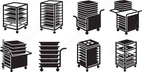 Various types of serving carts and trolleys with trays